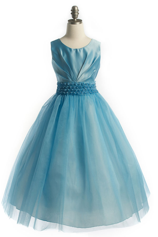 Elegant Satin Dress w Pleated Bodice and Tulle Skirt Girl Dress