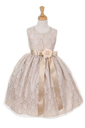 Flower Girl Dresses #CD1132CH : Elegant Lace Dress with Satin Ribbon and Flower Decorated