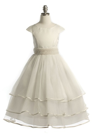 Flower Girl Dresses #JK3412I : Stunning Cap Sleeved White Dress w  Pearl Accented Waistline and Tulle Skirt Girl Dress