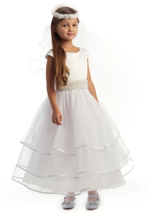 Flower Girl Dresses #JK3412W : Stunning Cap Sleeved White Dress w  Pearl Accented Waistline and Tulle Skirt Girl Dress