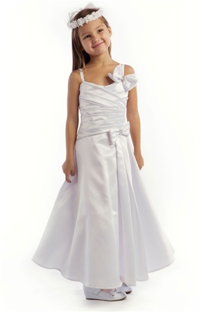 Flower Girl Dresses #JK3450 : Lovely Satin Dress w/ Pleated Bodice and Jeweled Bows Girl Dress