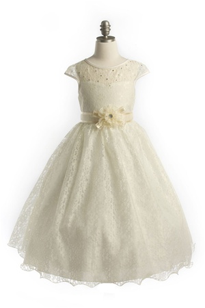 Flower Girl Dresses #JK3466I : Sweet Cap Sleeved Lacey Girl Dress w/ Flower Accent Girl Dress