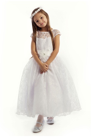 Flower Girl Dresses #JK3466W : Sweet Cap Sleeved Lacey Girl Dress w/ Flower Accent Girl Dress